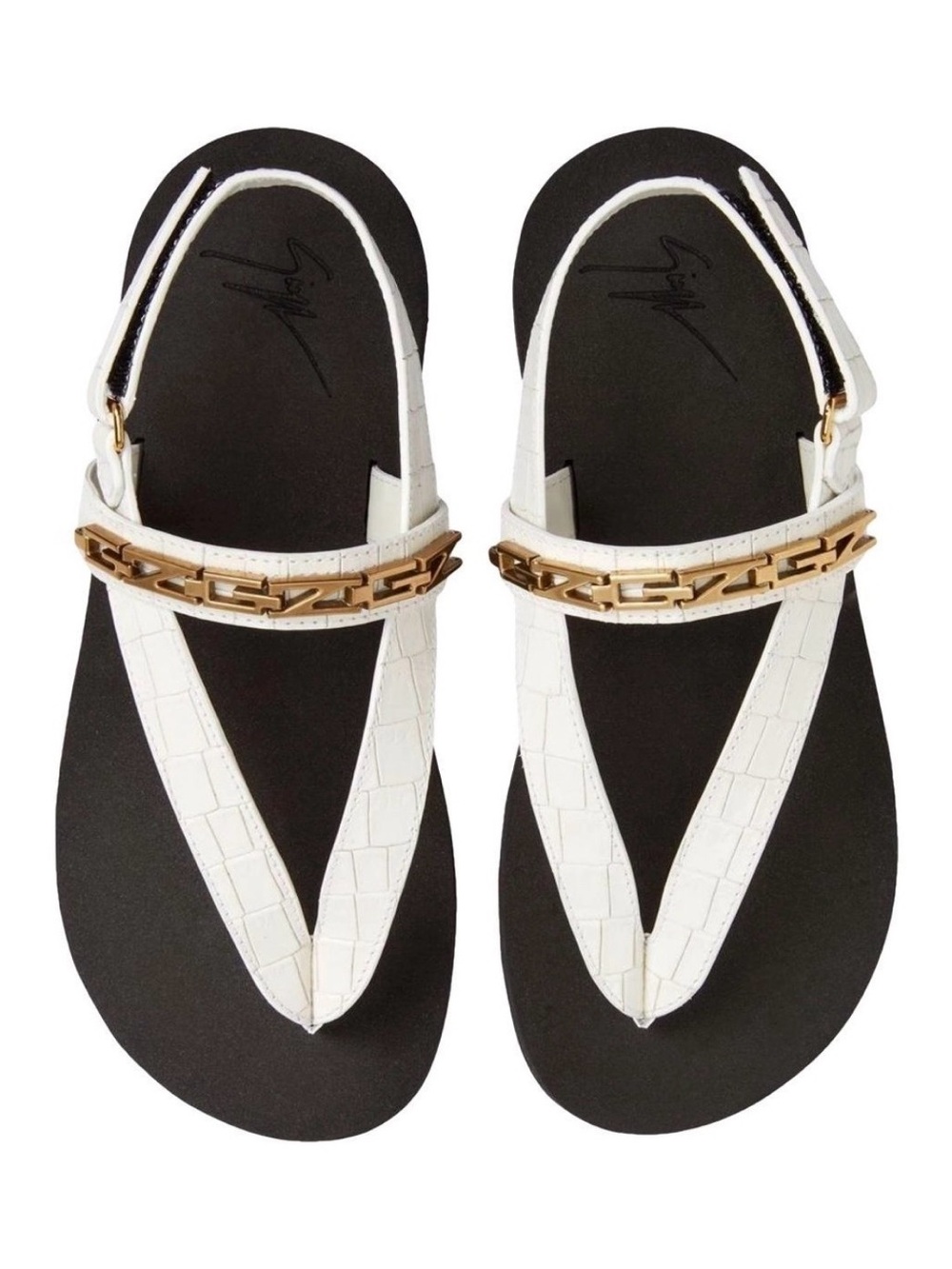 Giuseppe Zanotti White Croc-Embossed Thong Sandals with Gold Chain